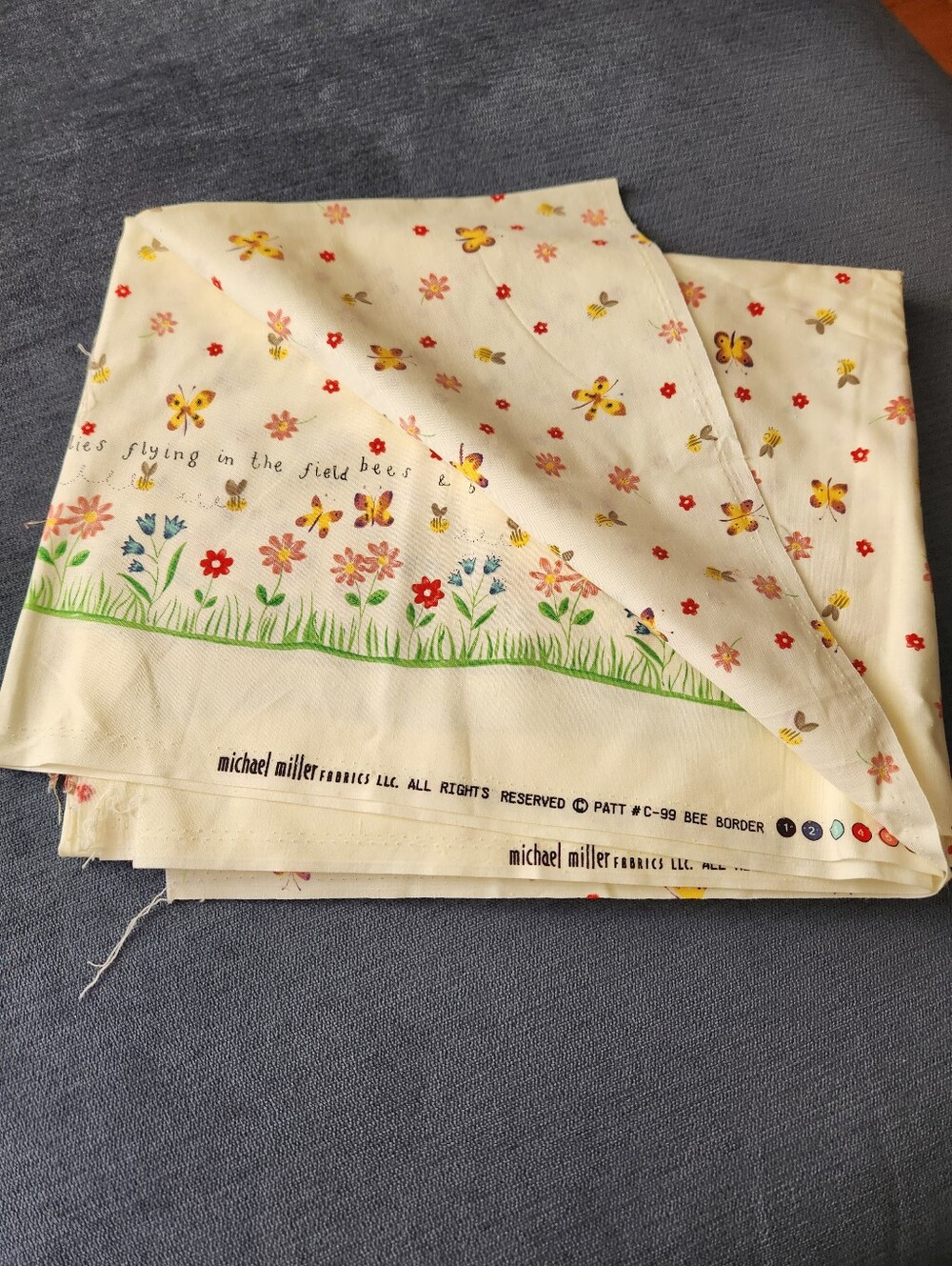 Michael Miller Bee & Flower Border Cotton Fabric - Cream with Yellow Butterflies